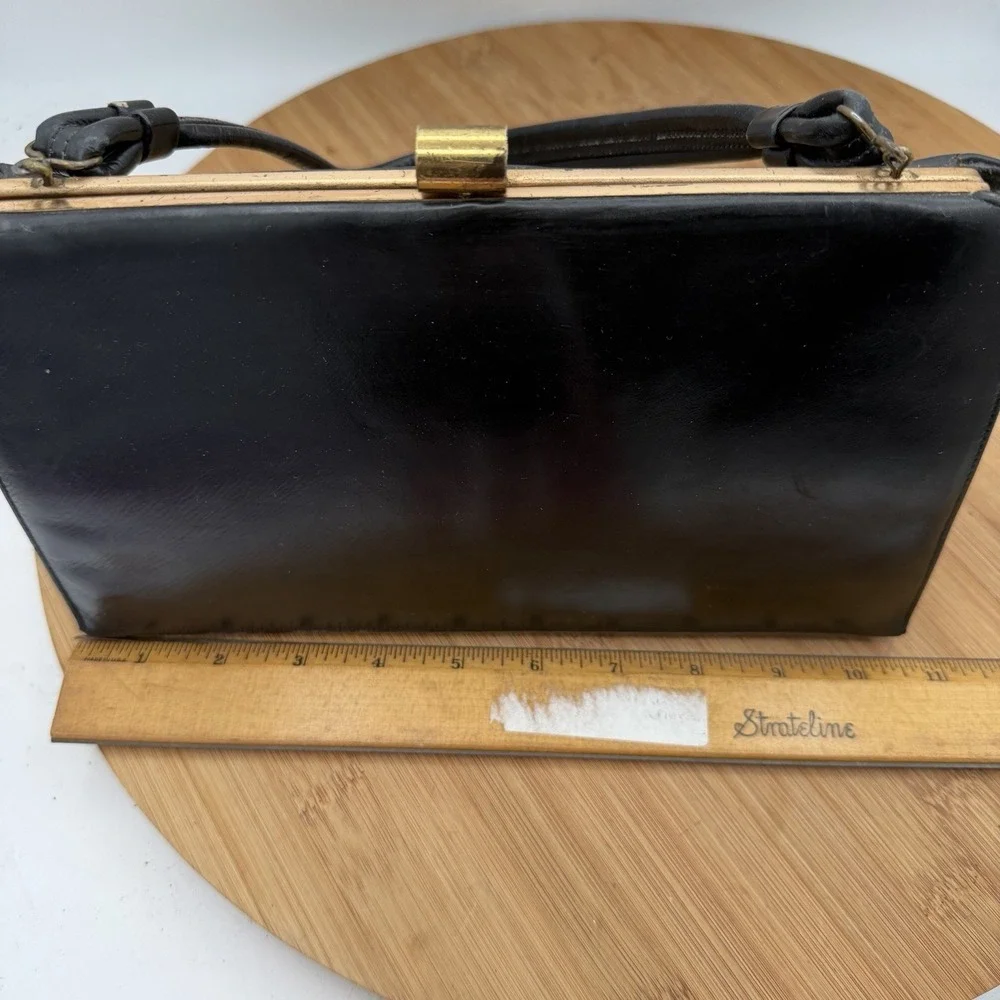 Vintage 1950s Lesco‎ Genuine Leather Handbag Black with Brass/Gold trim